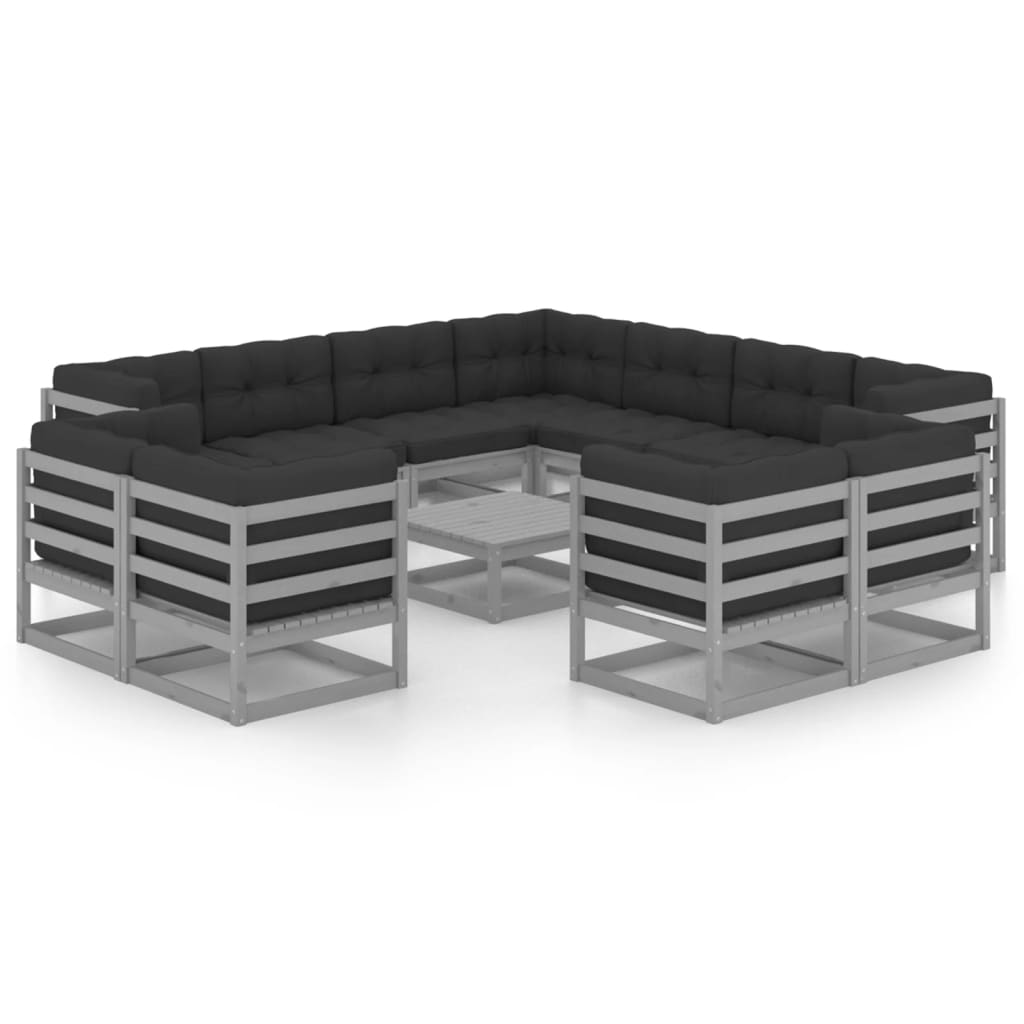 12-tlg. Garten-Lounge-Set mit Kissen Grau Kiefer Massivholz